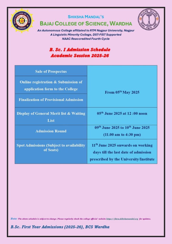B.Sc. Admission Schedule Academic Session 2025-26